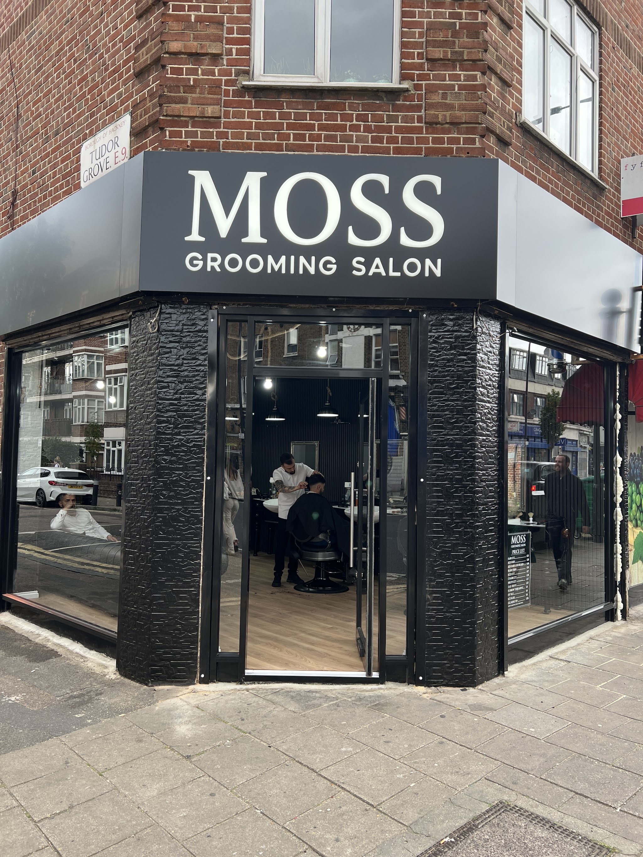 MOSS Grooming Salon shopfront on Well Street, Hackney